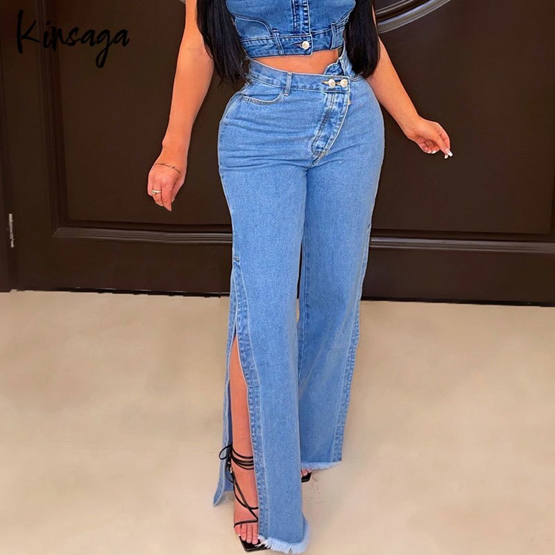 Casual Irregular Button Split Flare Pants Women High Waist Ripped Tassel Wide Leg Trousers Streetwear Stretchy Y2k Baggy Jeans